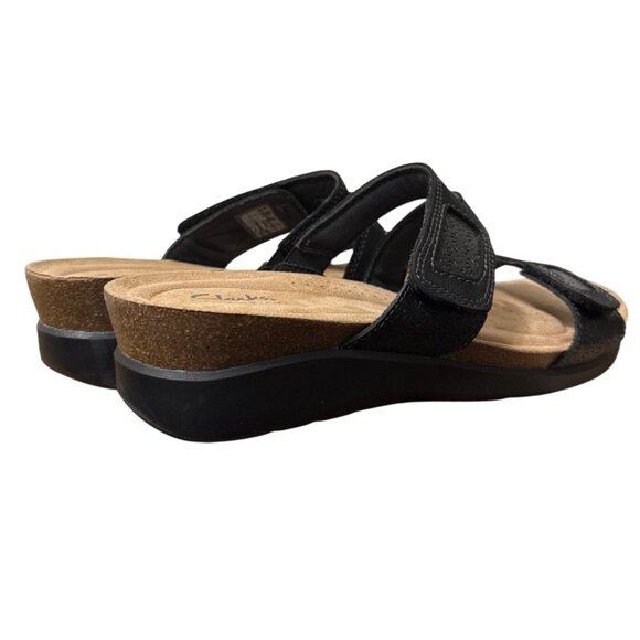 Clarks Calenne Maye Women's Black Leather Wedge Slide Sandals Two Straps Size 11 - Picture 2 of 14
